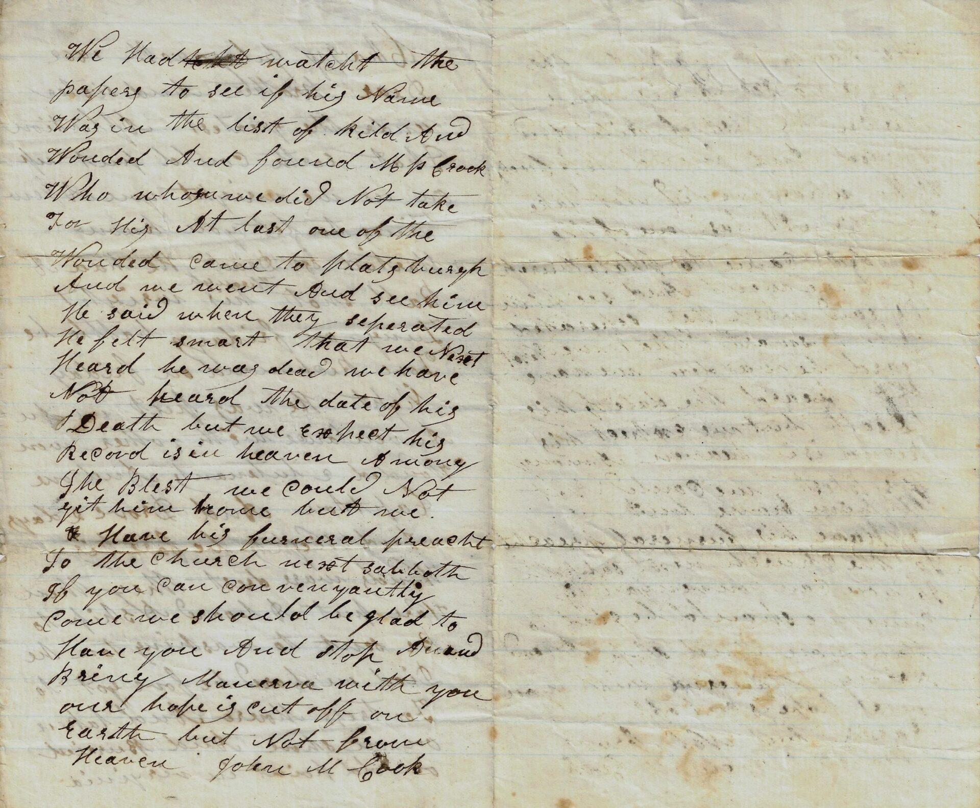 The Last Full Measure Death of a Soldier Letter features two pages of handwritten cursive on aged, yellowed paper, showing stains and faint creases throughout.