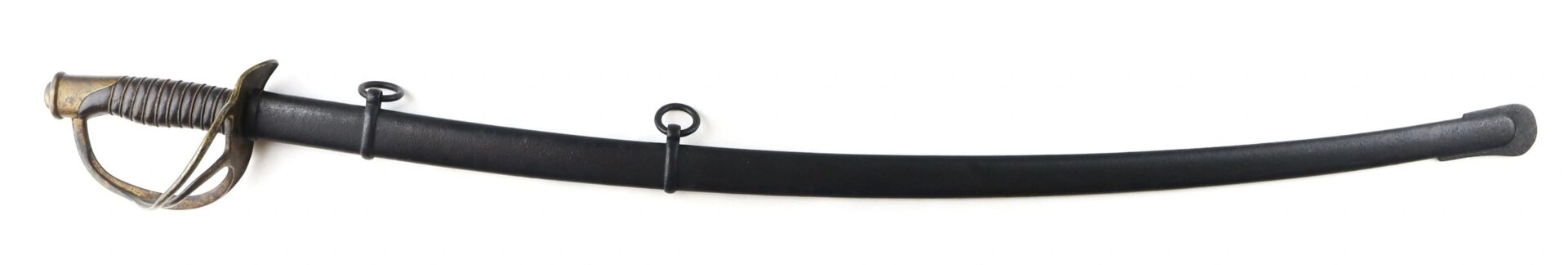 The Gettysburg Cavalry Saber features a curved blade, metal guard and grip, and comes in a black scabbard with two suspension rings.