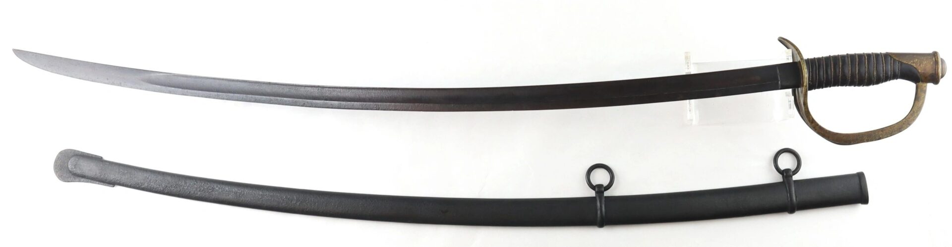 The Gettysburg Cavalry Saber, featuring a curved blade, handguard, and wrapped handle, is shown above its black metal scabbard on a white background.