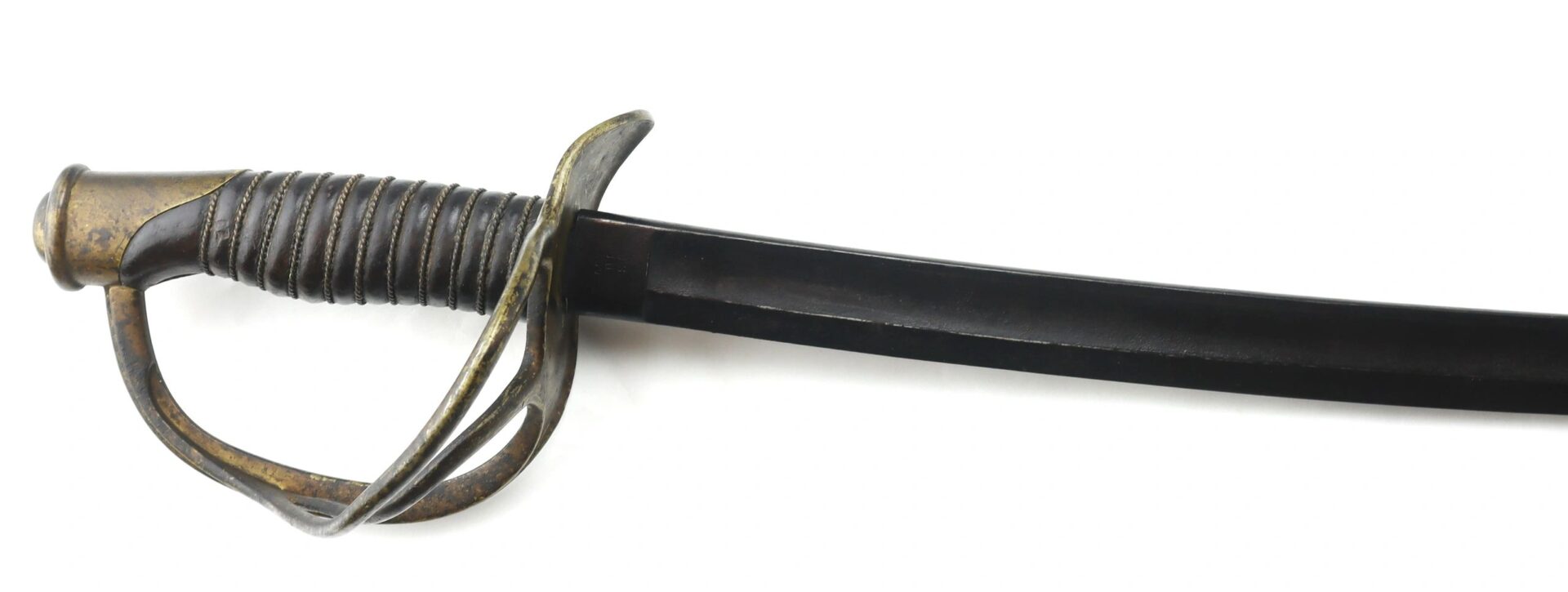 The Gettysburg Cavalry Saber, sold, features a black and brass design with a curved blade and protective guard on the hilt, displayed on a white background.