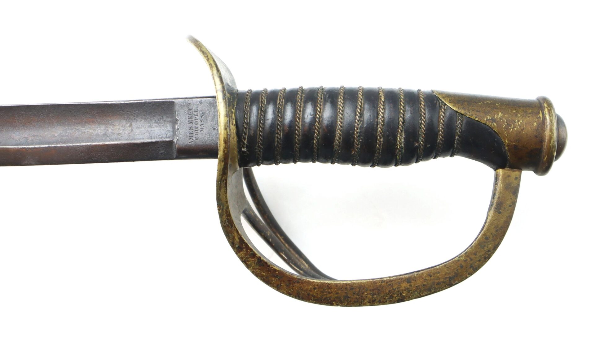 Close-up of the Gettysburg Cavalry Saber hilt and guard, featuring a brass handguard and wrapped grip. / SOLD.