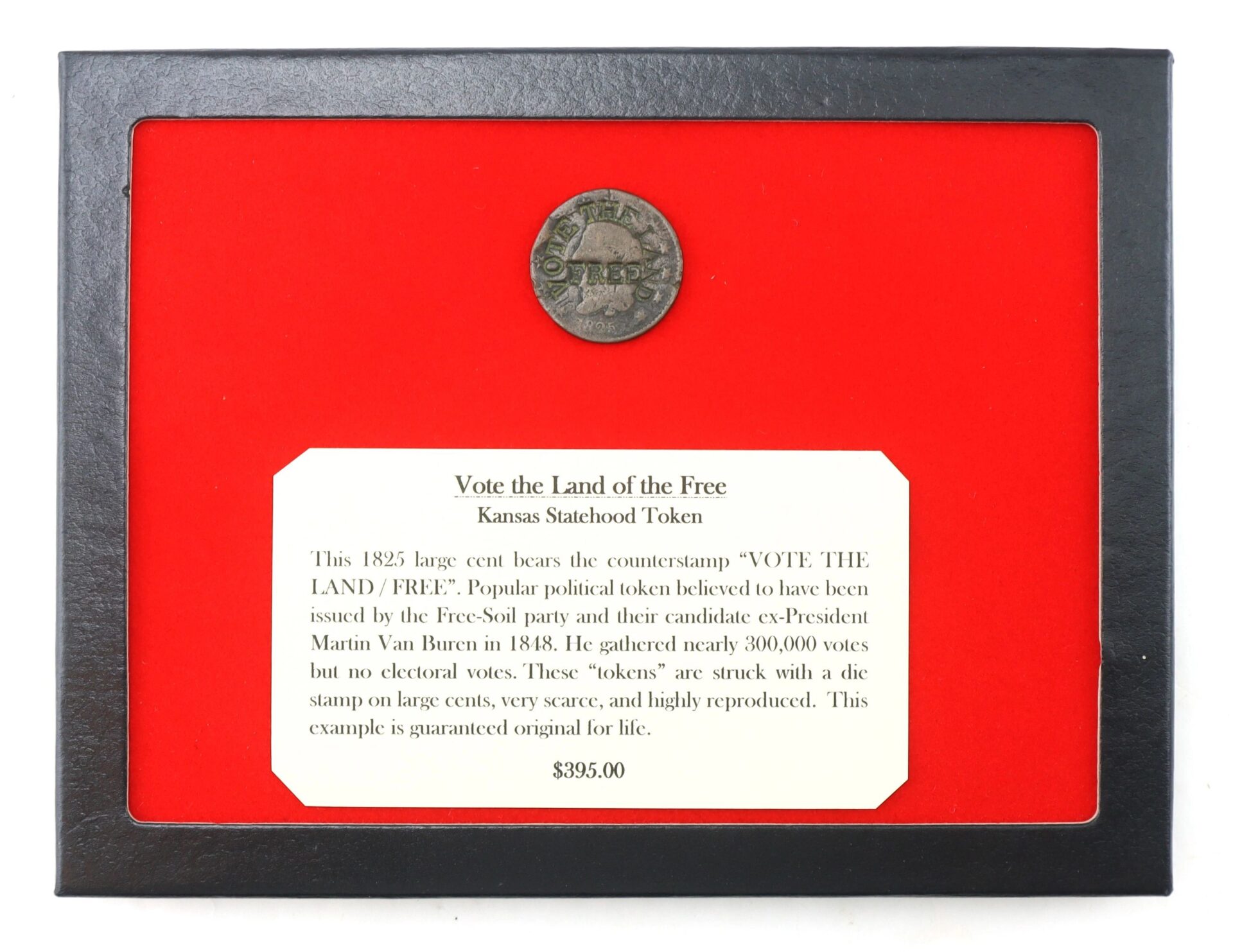 A Vote the Land of the Free Kansas Statehood Token is displayed above a description card in a red and black frame. The price is $395.00.