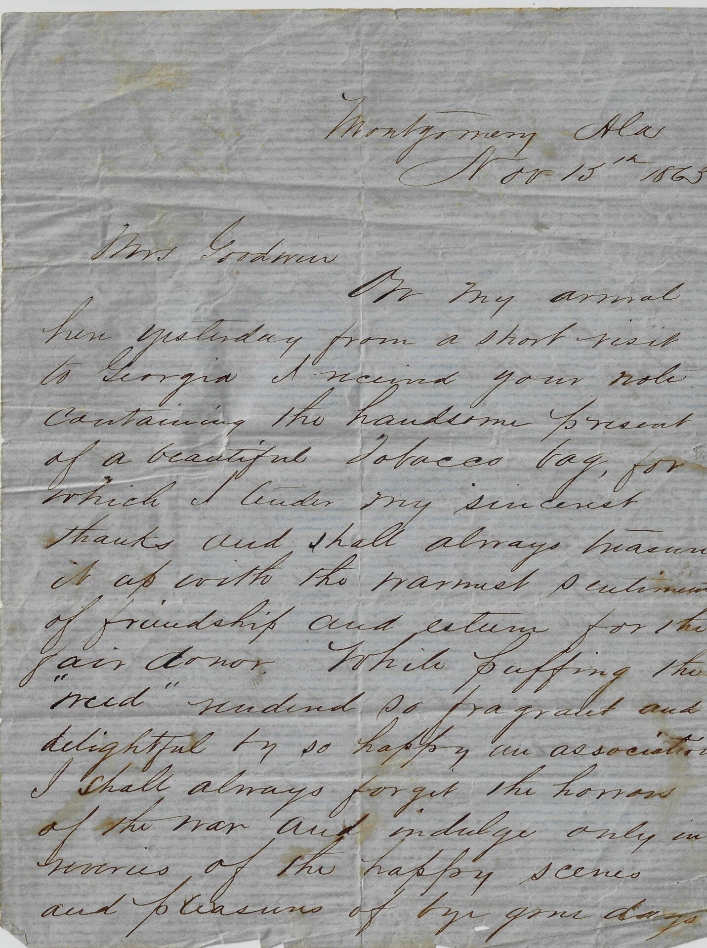 Confederate General Smokes “Weed” / SOLD: Handwritten letter dated November 15, 1863, in neat cursive on lined paper with some faded ink and visible folds.