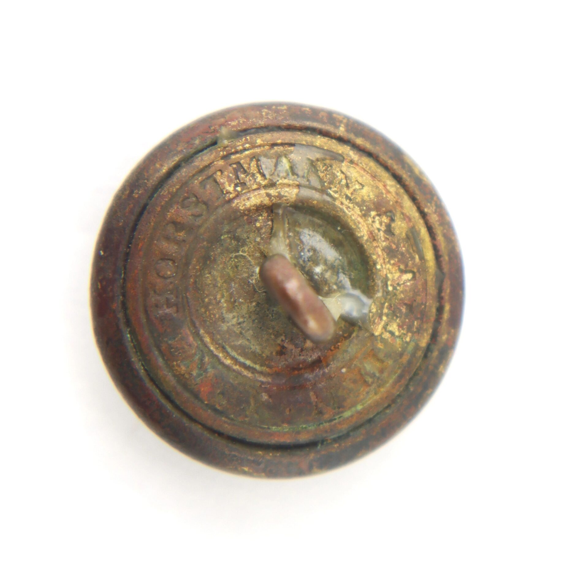 A close-up of the Clark County Virginia Recovered South Carolina Vest Button, a round metal button with a loop shank and faint embossed text, shown against a white background.