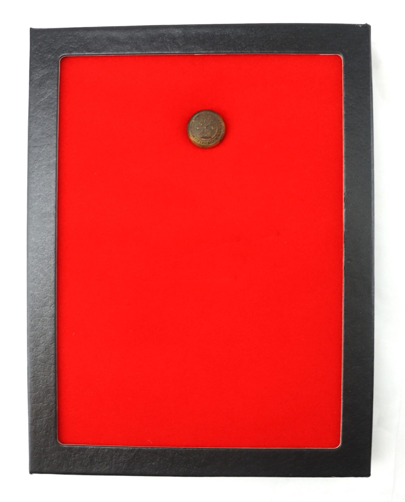 A Clark County Virginia Recovered South Carolina Vest Button is displayed at the top center of red felt inside a black rectangular frame.