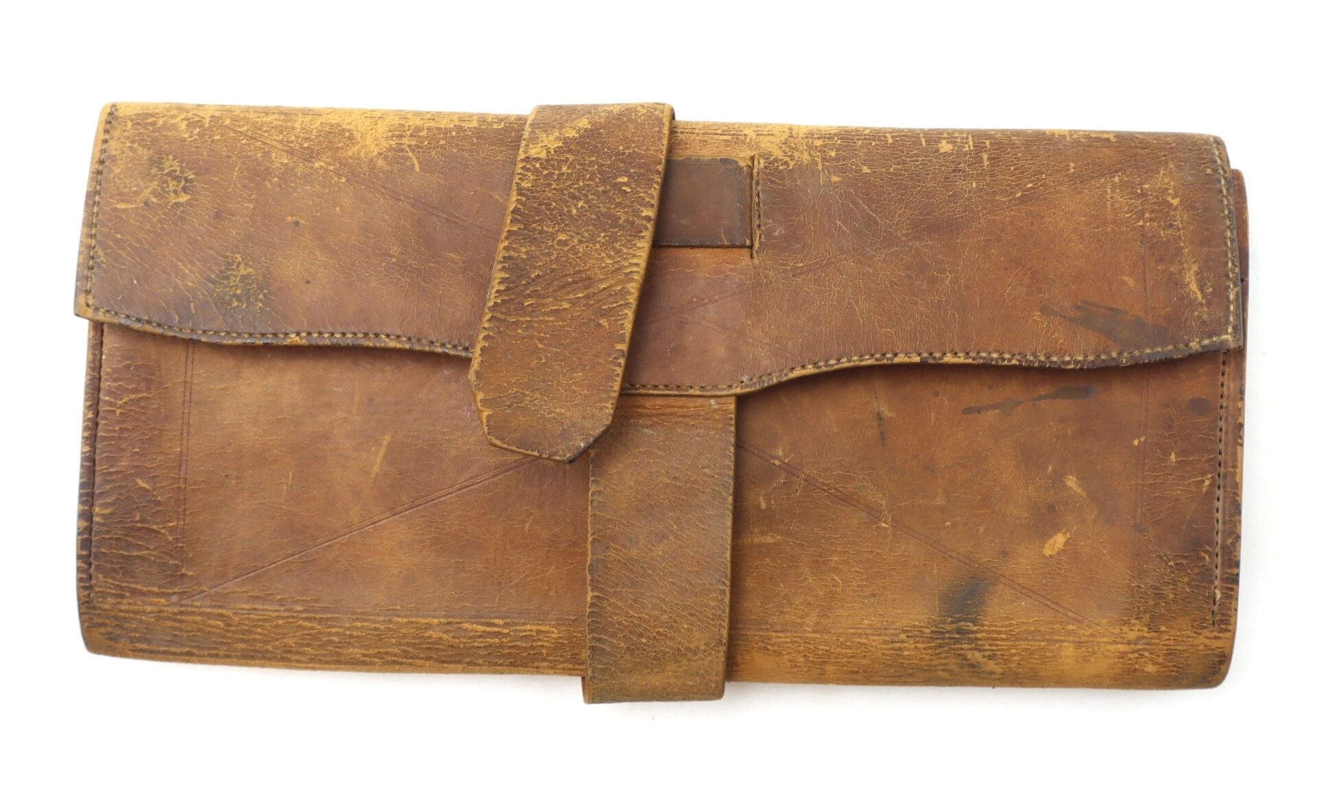 The Inscribed Wallet of Corporal David Steele, 2nd New Hampshire Infantry (ON-HOLD), is a brown leather wallet with a flap closure and visible stitching, bearing signs of age and use.