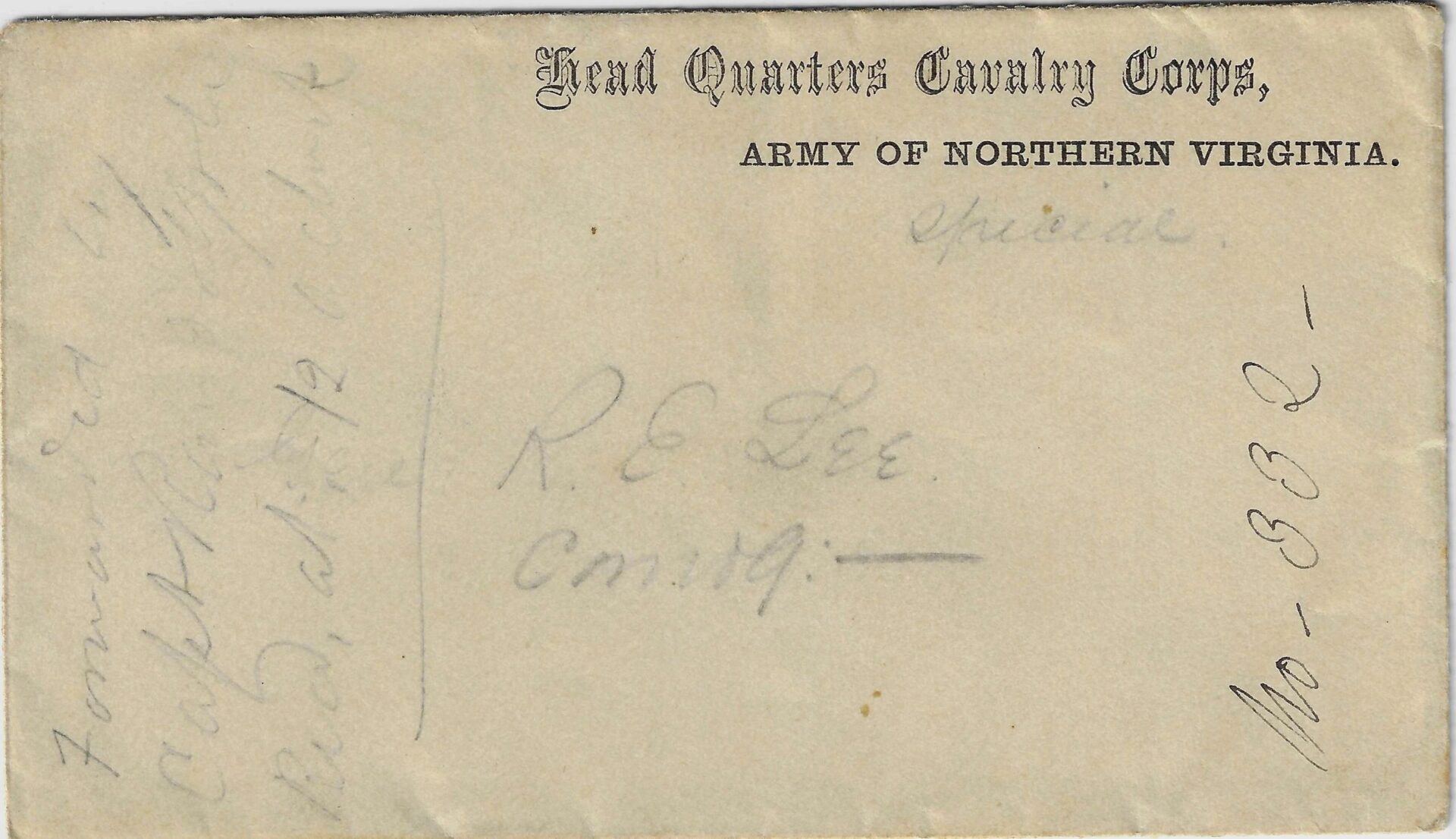 A Fitzhugh Lee hand-carried cover addressed in pencil to "Gen. R.E. Lee Comdg:-" with handwritten notes and labeled "Special.