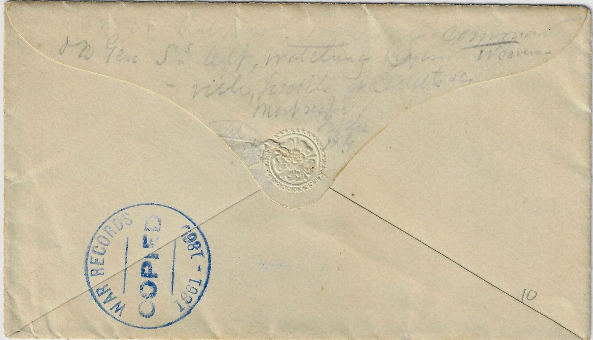 A vintage Fitzhugh Lee hand-carried cover, addressed in pencil to "Gen. R.E. Lee Comdg:-," sealed with an embossed stamp and featuring a blue "WAR RECORDS COPIED 1867" circular stamp.