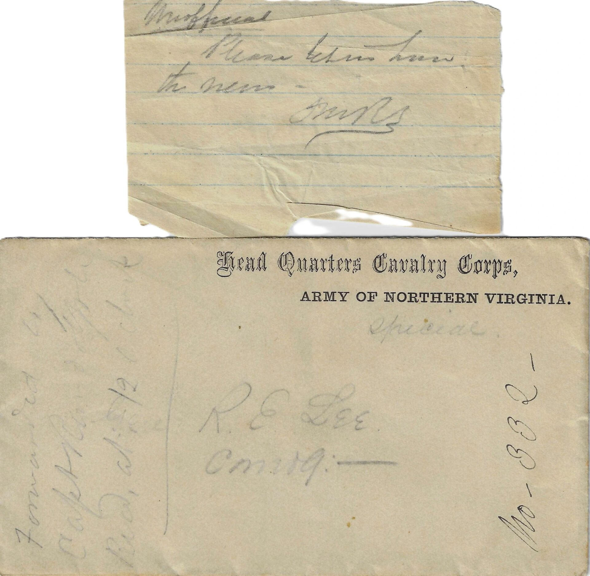 Two handwritten notes: one on lined paper with faint cursive, the other a Fitzhugh Lee hand-carried cover addressed in pencil to "Gen. R.E. Lee Comdg:-" on Army of Northern Virginia letterhead, with additional pencil marks.