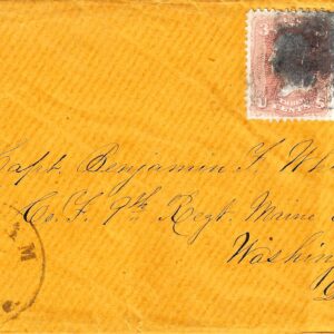The Ninth Maine Infantry Envelope is a yellowed envelope addressed to Capt. Benjamin S. Whitten, featuring two 3-cent stamps and a circular postmark on the left side.