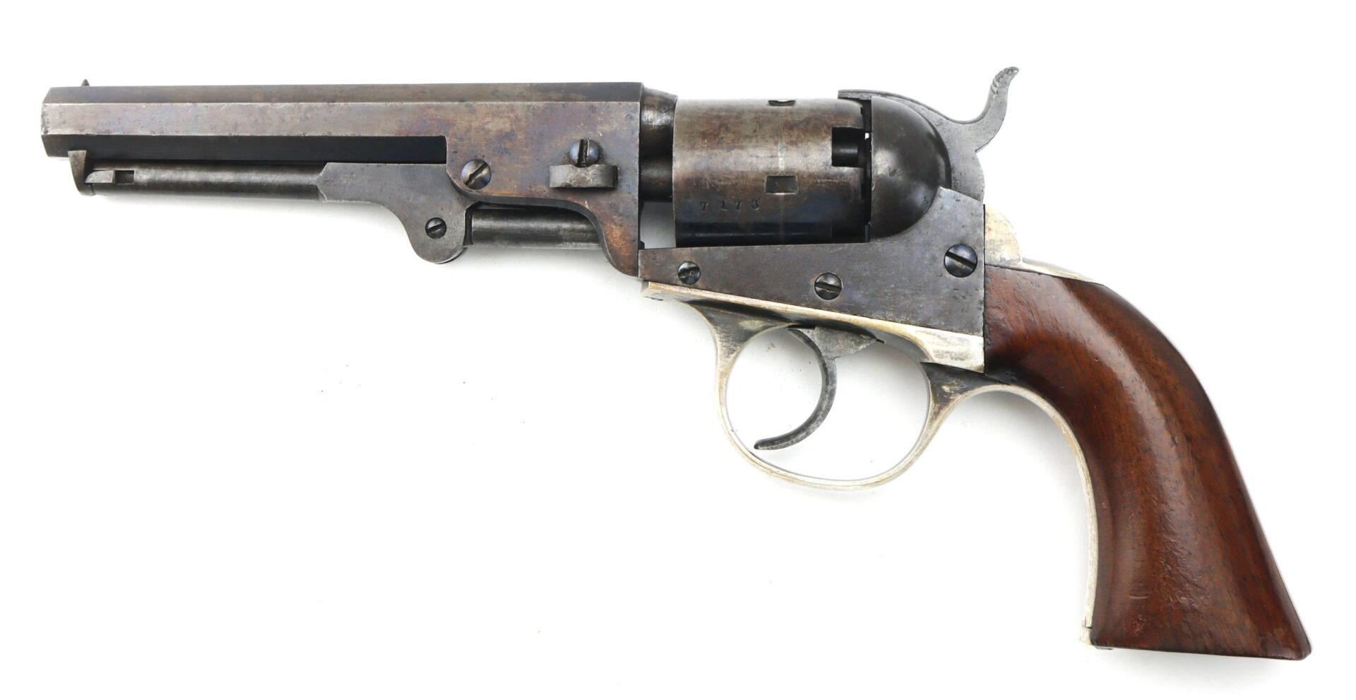 Cooper Double Action Revolver with a dark metal barrel and cylinder, and a polished wooden grip, shown in profile on a white background.