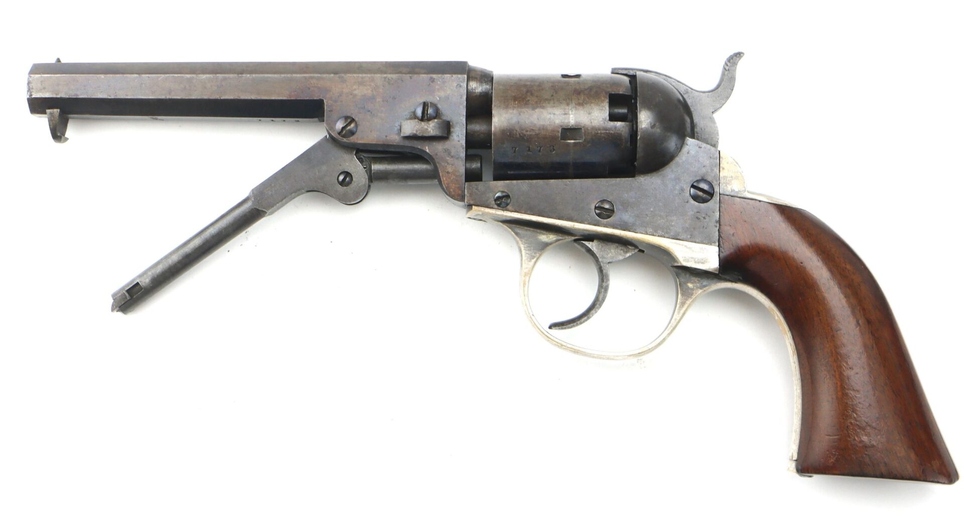 The Cooper Double Action Revolver, featuring a wooden grip, exposed trigger, and metal frame, is displayed on a white background.