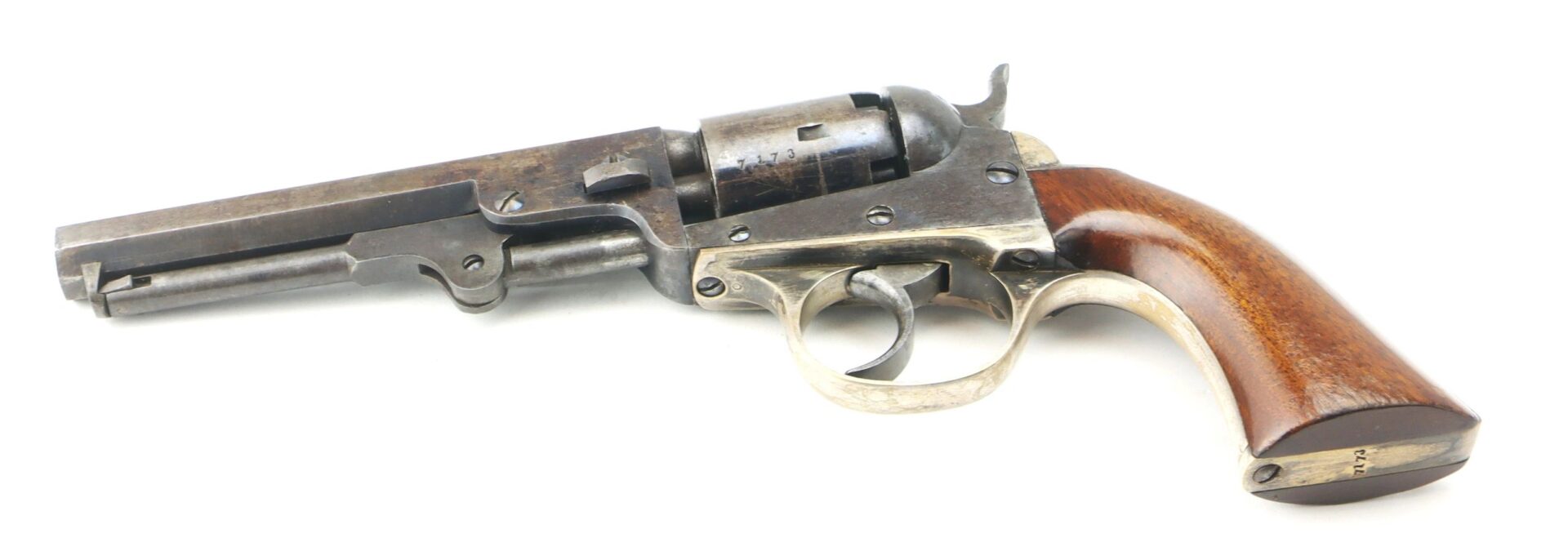 The Cooper Double Action Revolver is a vintage firearm featuring a wooden grip and a metal frame, displayed in side profile on a white background.