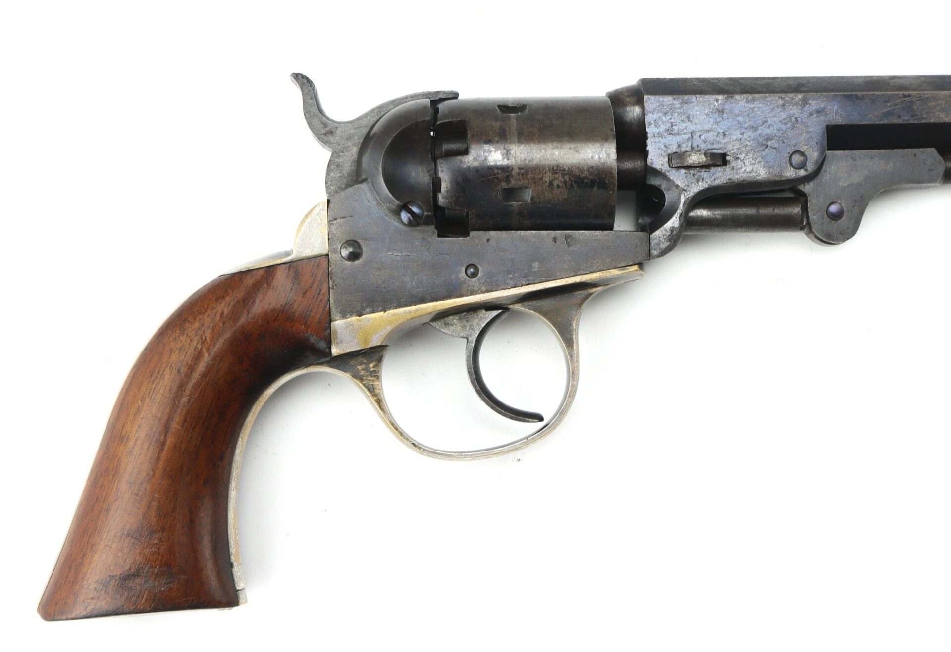 A close-up of the Cooper Double Action Revolver, featuring a wooden grip and metal barrel, displayed against a white background.