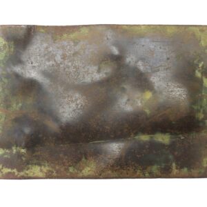 A rectangular Clipped Corner Belt Buckle featuring a weathered metal finish with rust and greenish corrosion on its surface.