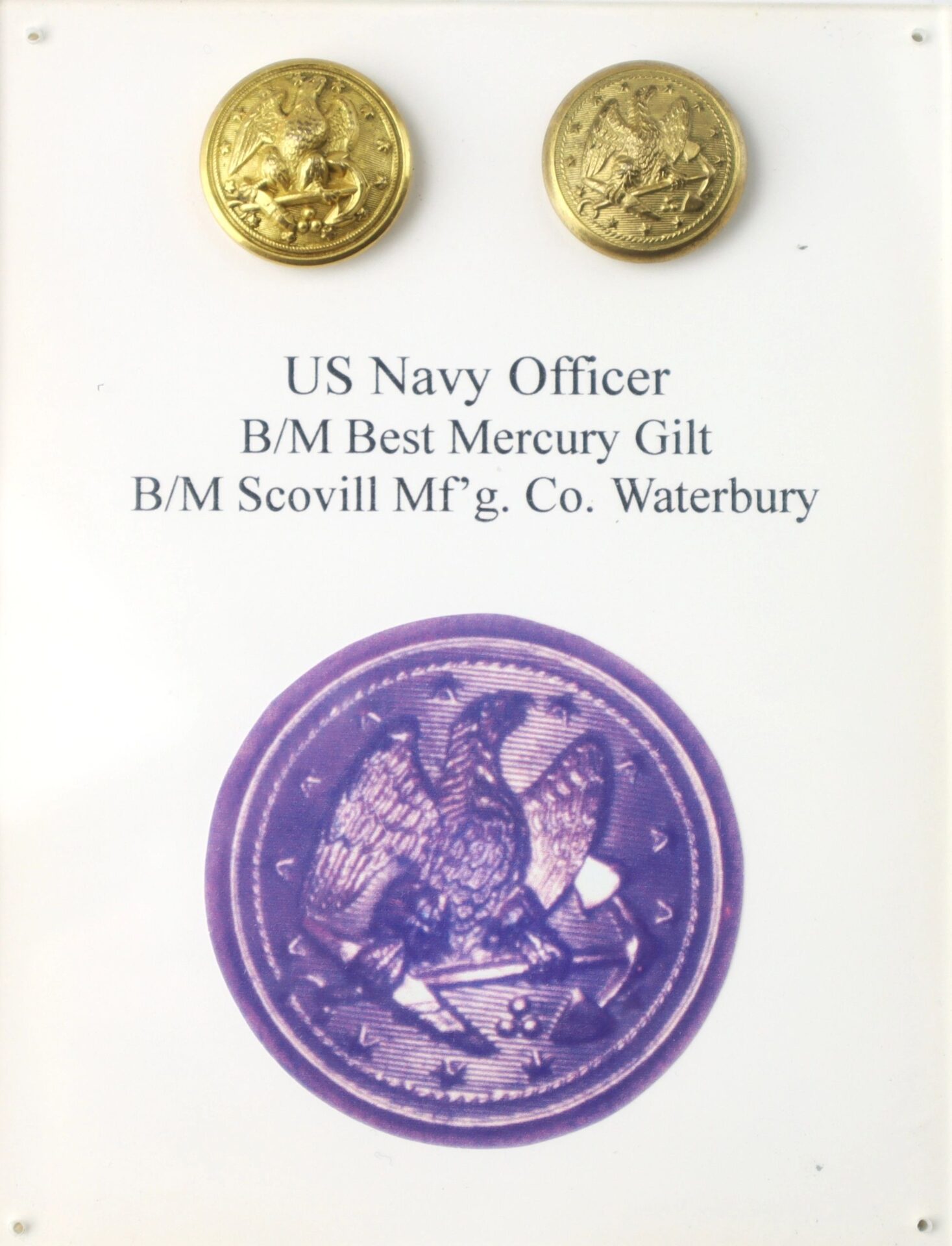 Two U.S. Navy Officer Buttons in gold, along with a printed emblem, are shown above text describing their manufacturer and finish.