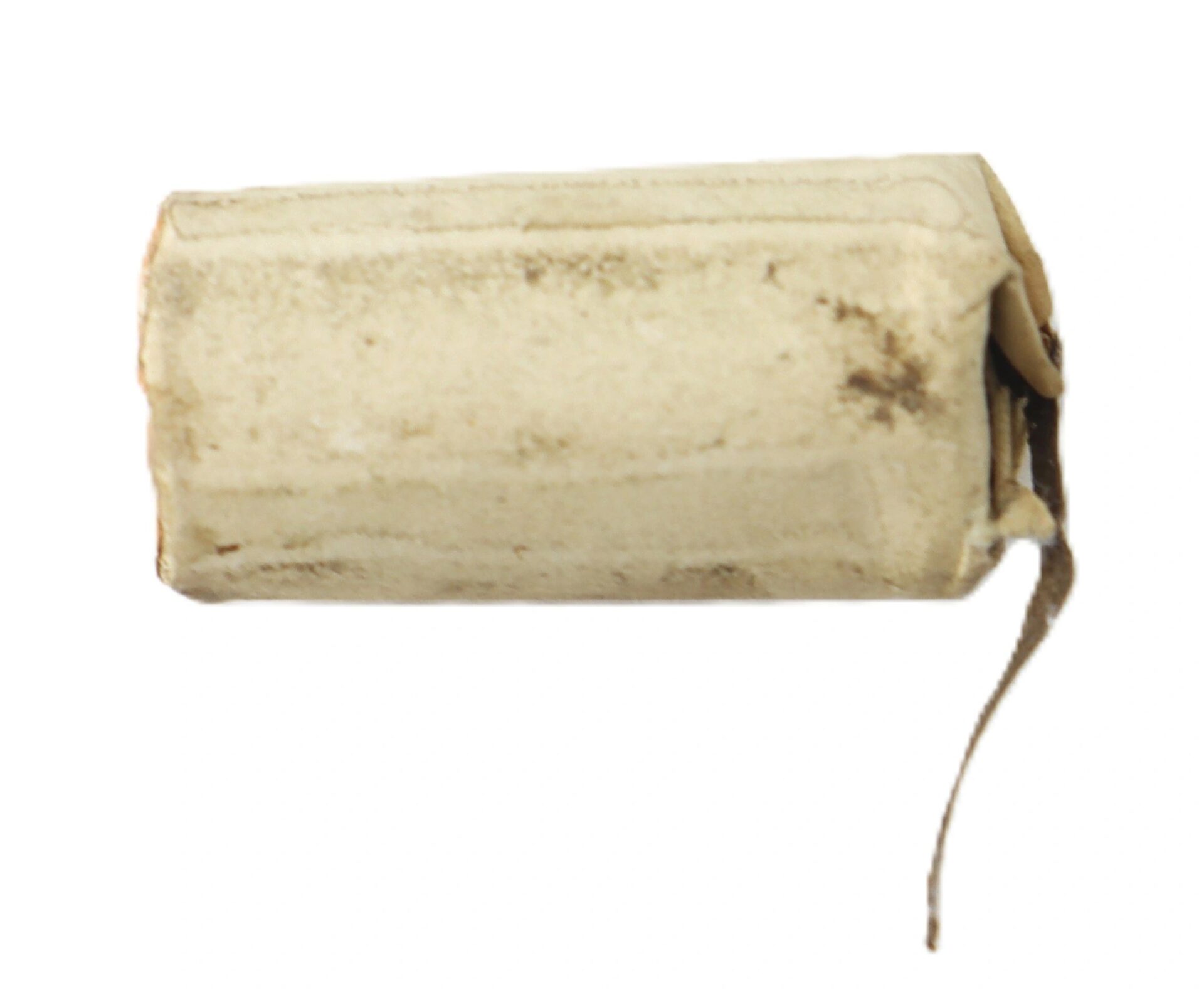 A close-up of a single 10 Gauge Eley’s Patent Wire Cartridge on a white background, highlighting signs of use and its attached wire.