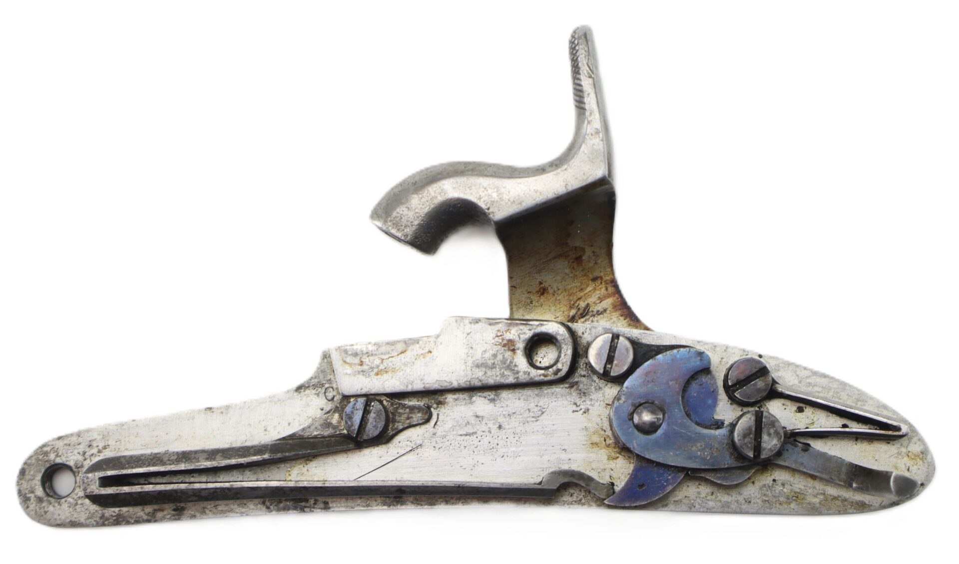 Springfield Model 1842 Lockplate featuring a metal flintlock mechanism with visible springs, screws, and hammer displayed against a white background.