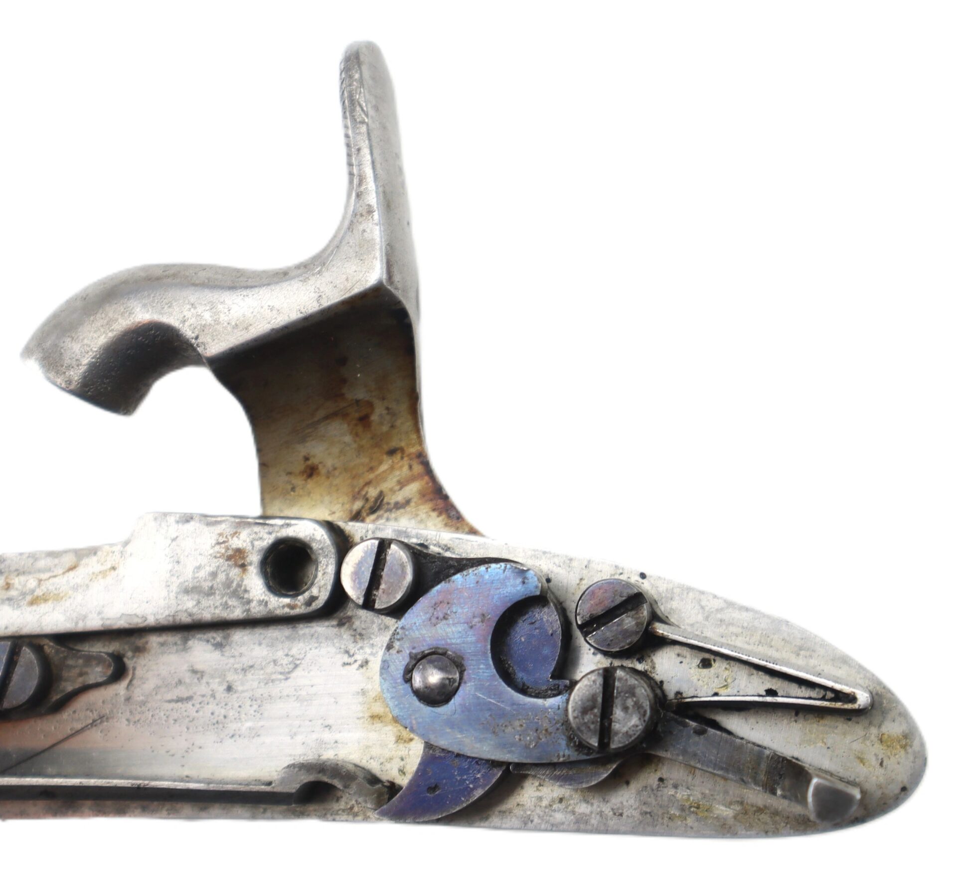 Close-up of a Springfield Model 1842 Lockplate showing the flintlock mechanism’s hammer, frizzen, and screws against a white background.