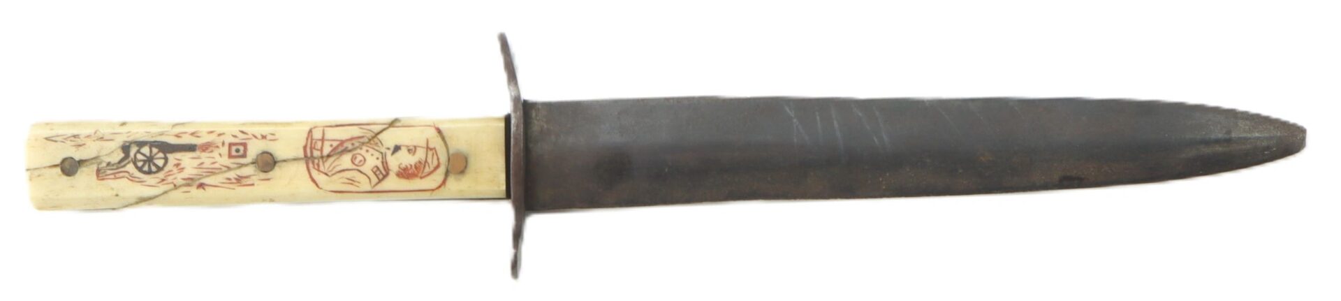 The Scrimshawed Civil War Dagger Inscribed to Captain E. S. Jenney features a dark metal fixed blade and a handle with carved and inked designs, including a face and a wagon wheel.