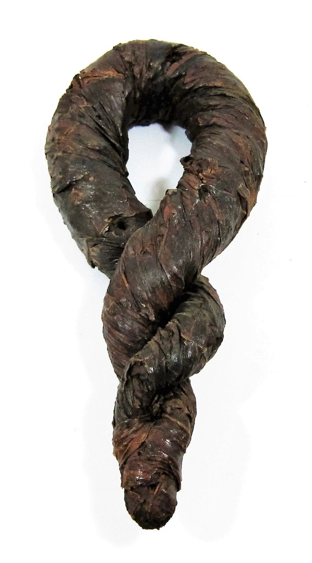 A coiled, dark brown Tobacco Twist (SOLD), spiral-shaped and displayed against a white background.