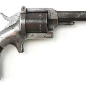 A Lucius Pond Rimfire Revolver with a vintage metal and wood design and a worn finish, displayed on a white background.