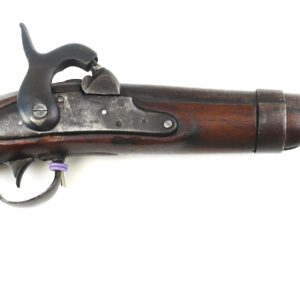 Side view of a US Model 1836 Cavalry Pistol with Confederate conversion to percussion, featuring a wooden handle and metal barrel, isolated on a white background.
