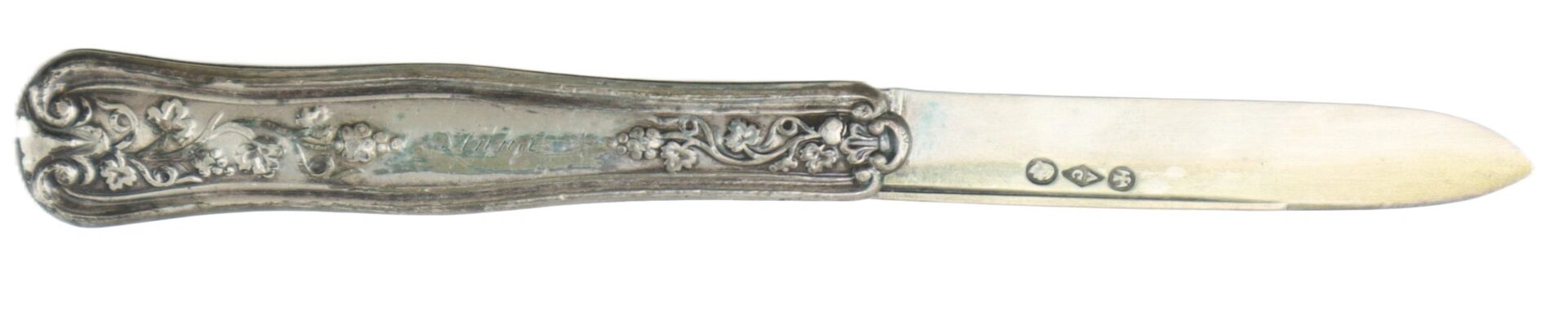 A British Sterling Silver Folding Fruit Knife featuring a floral repoussé handle and three hallmarks on the blade.