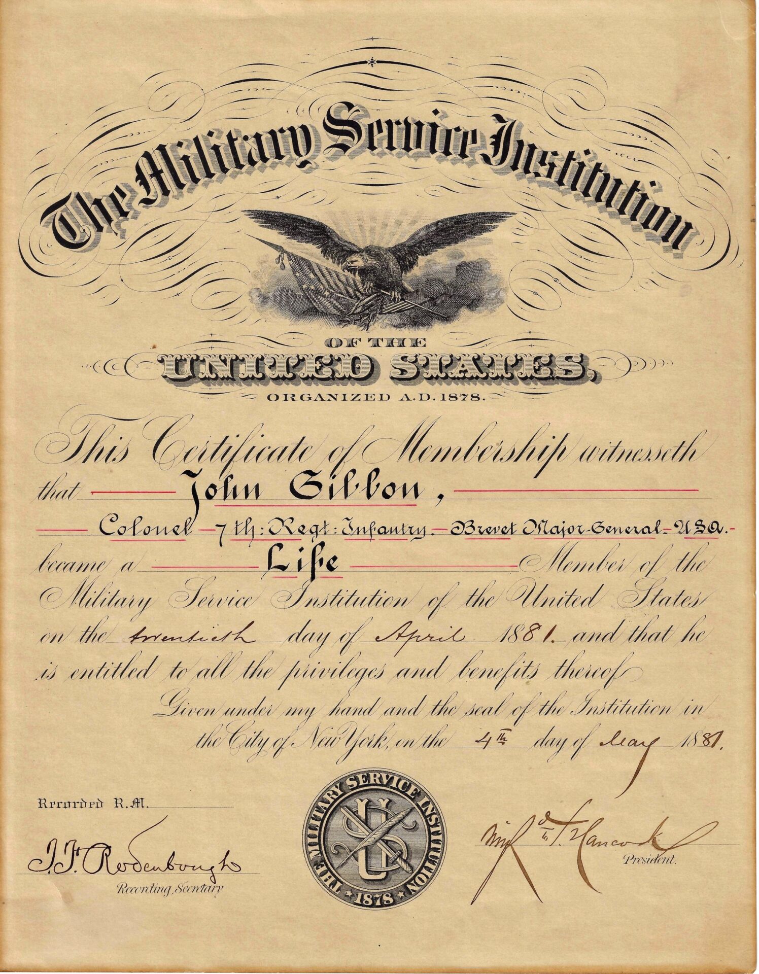 A vintage document for John Gibbon, signed by Winfield Scott Hancock, dated April 4, 1887, featuring an eagle and ornate calligraphy.