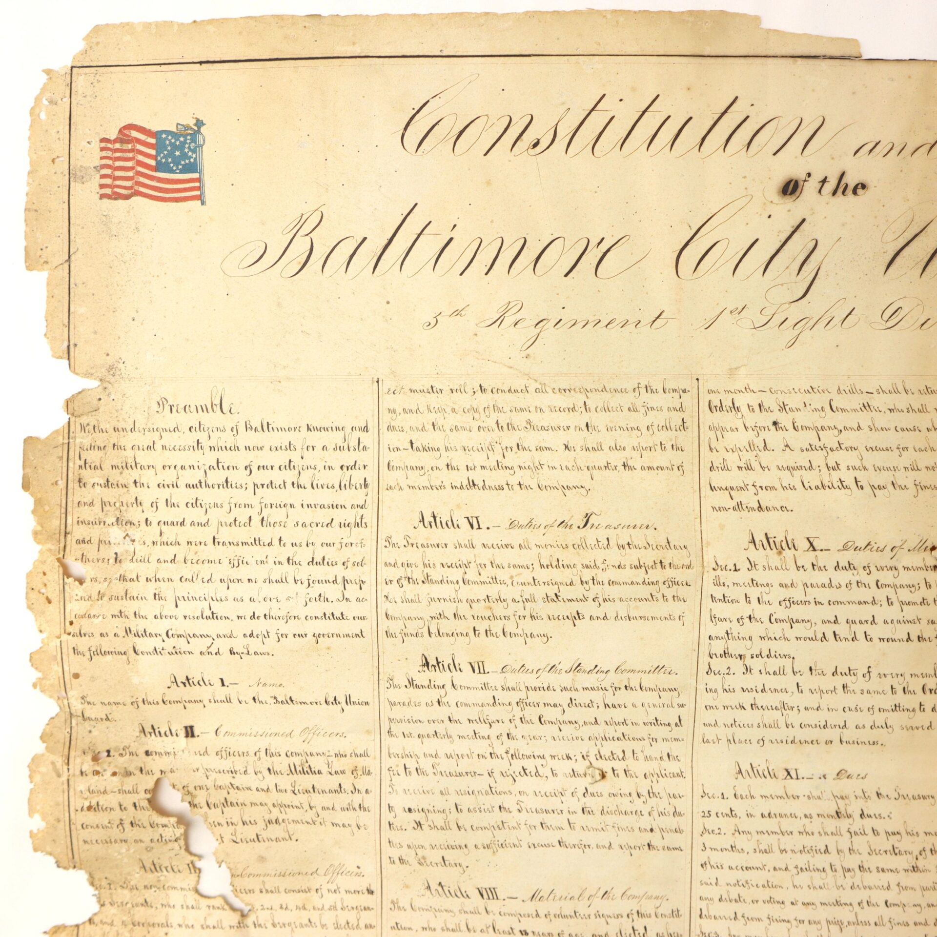 An aged document titled "Constitution and Laws of the Baltimore City Union Guards (Baltimore, Maryland, c. 1860s)" features an early American flag illustration in the upper left and organized text in sections and articles.