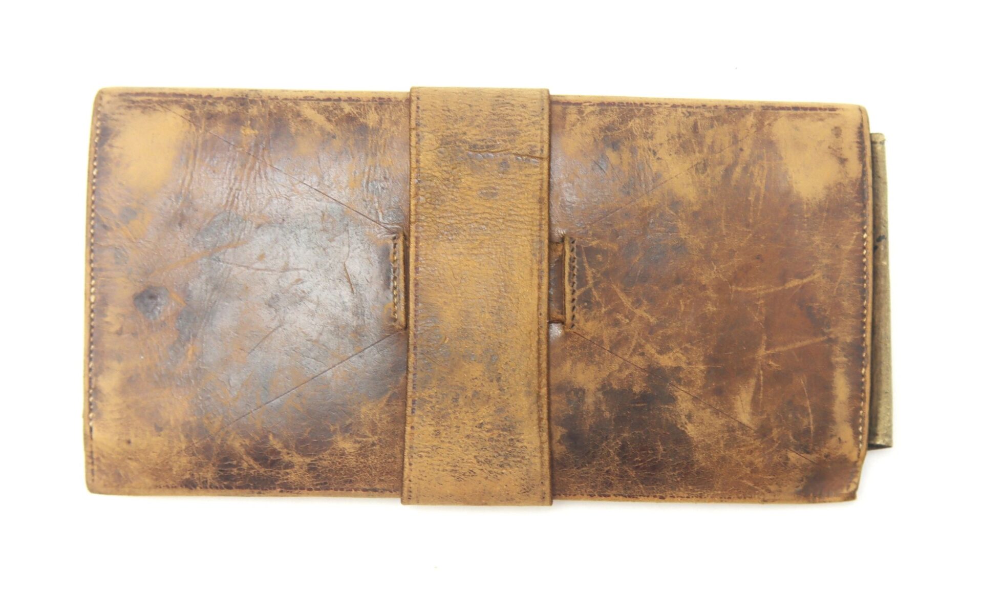 A vintage Leather Wallet (Dated 1846) features brown leather with a strap closure, displaying visible scratches and discoloration from age.