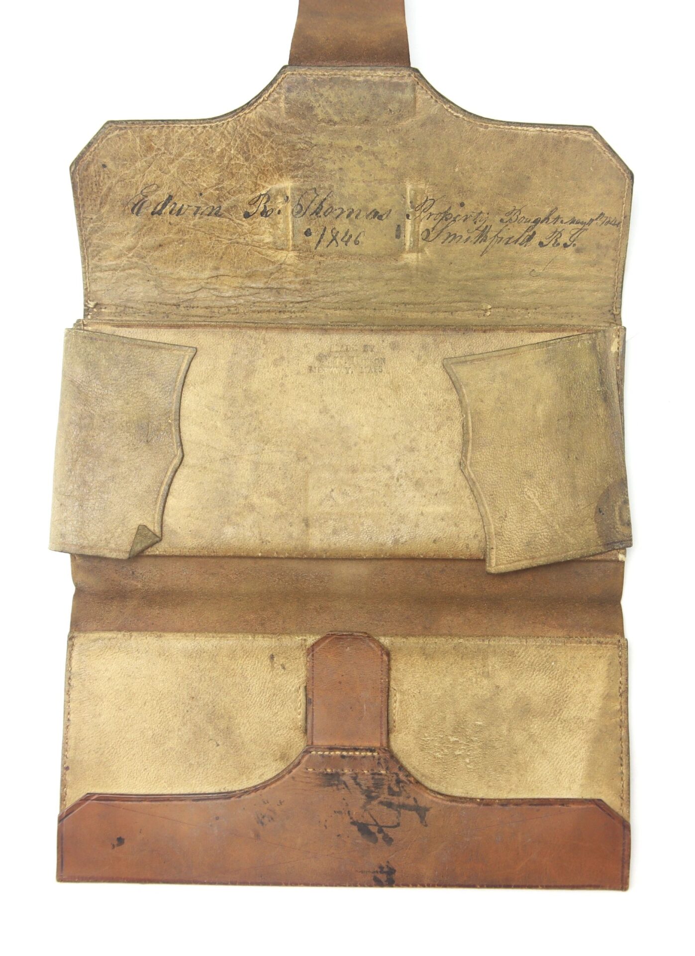 Open Leather Wallet (Dated 1846) with handwritten inscription "Edward R. Stevens, Office, Harrisburg, 1846" on the inner flap; features visible compartments and worn vintage leather.