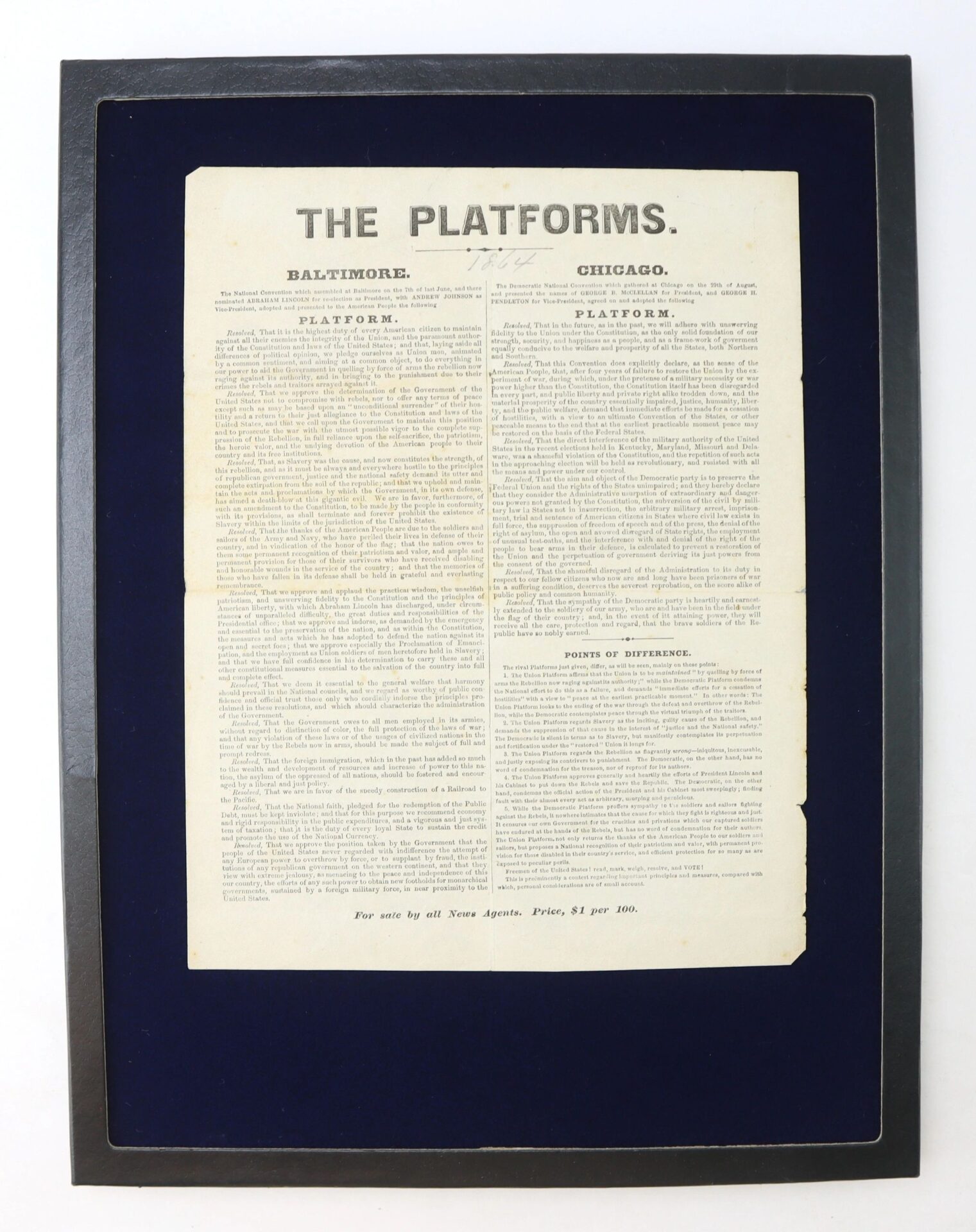 A rare "The Platforms" 1864 Election Broadside comparing Baltimore and Chicago political platforms, displayed on a dark blue background.