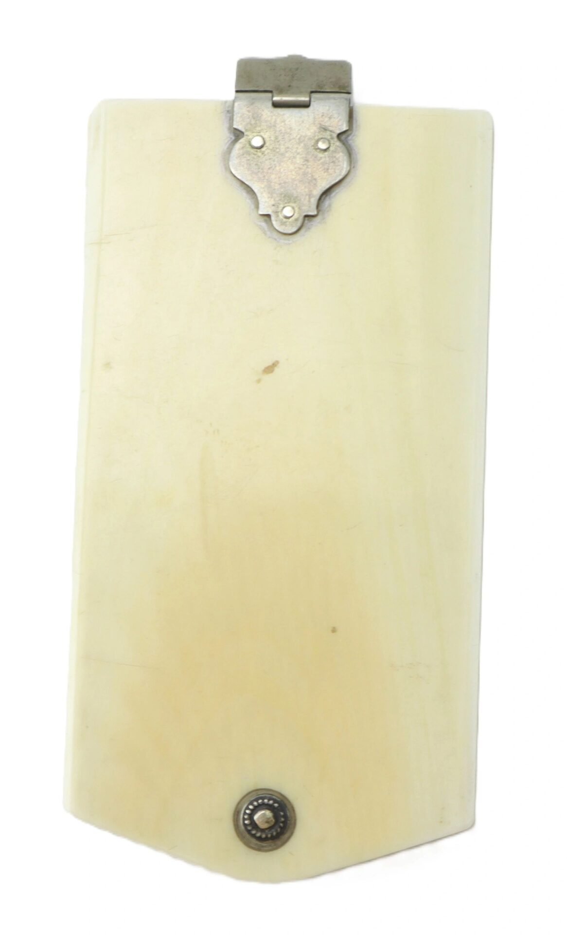 The Ivory Day Planner by Charles Weckerle Battery E, 2nd U.S. Light Artillery, is a rectangular planner in ivory with a top metal hinge and decorative button, shown against a white background.