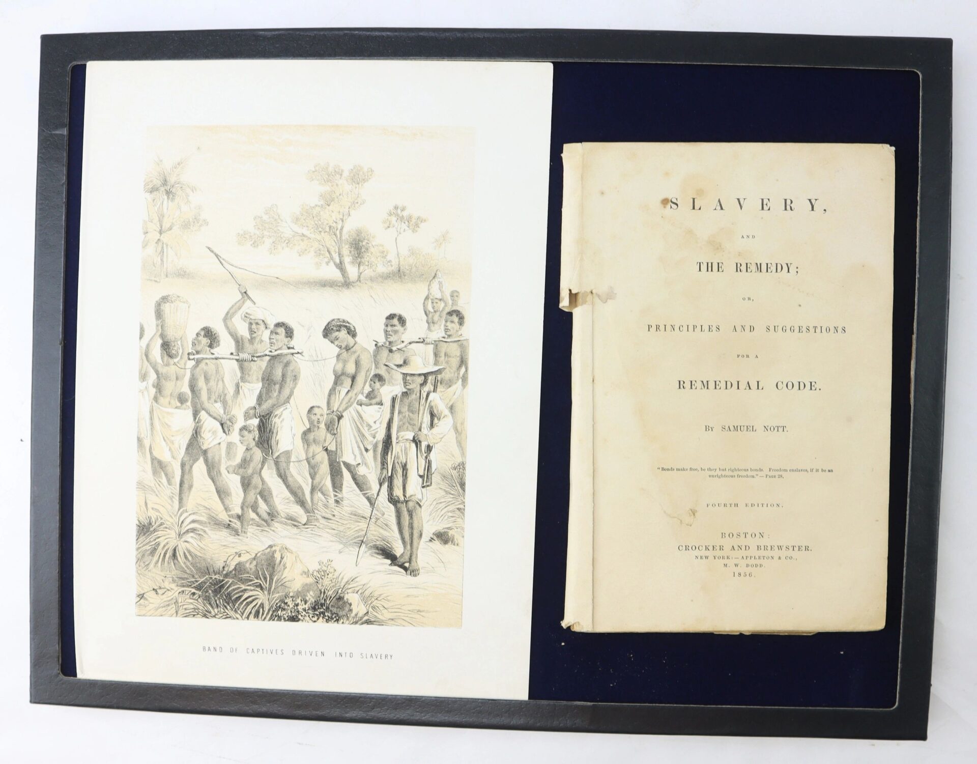 “Slavery and the Remedy” (1862) by Samuel Nott, 4th Edition, is shown open beside an engraved print depicting the slave trade.