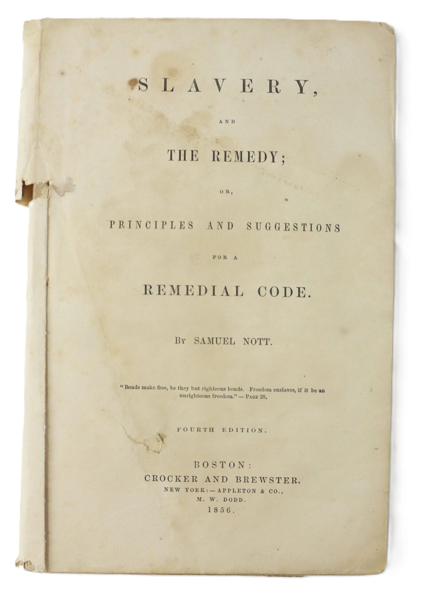 The cover page of “Slavery and the Remedy” (1862, 4th Edition) by Samuel Nott, featuring an engraved slave trade print.