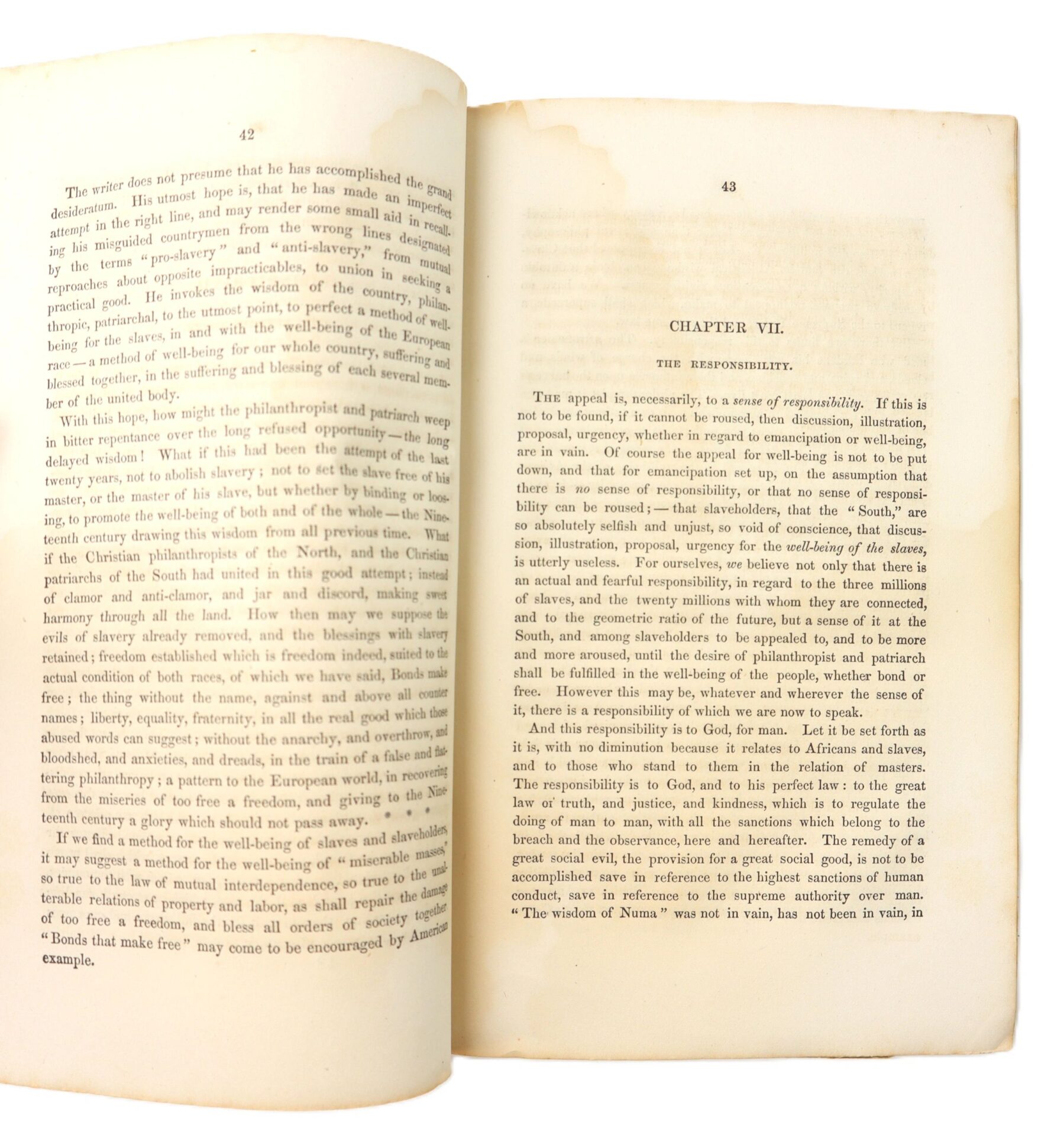 An open copy of “Slavery and the Remedy” (1862) by Samuel Nott, 4th edition, shows pages 42–43 with water stains atop page 43, where Chapter VII, "Responsibility," begins. Includes an engraved slave trade print.