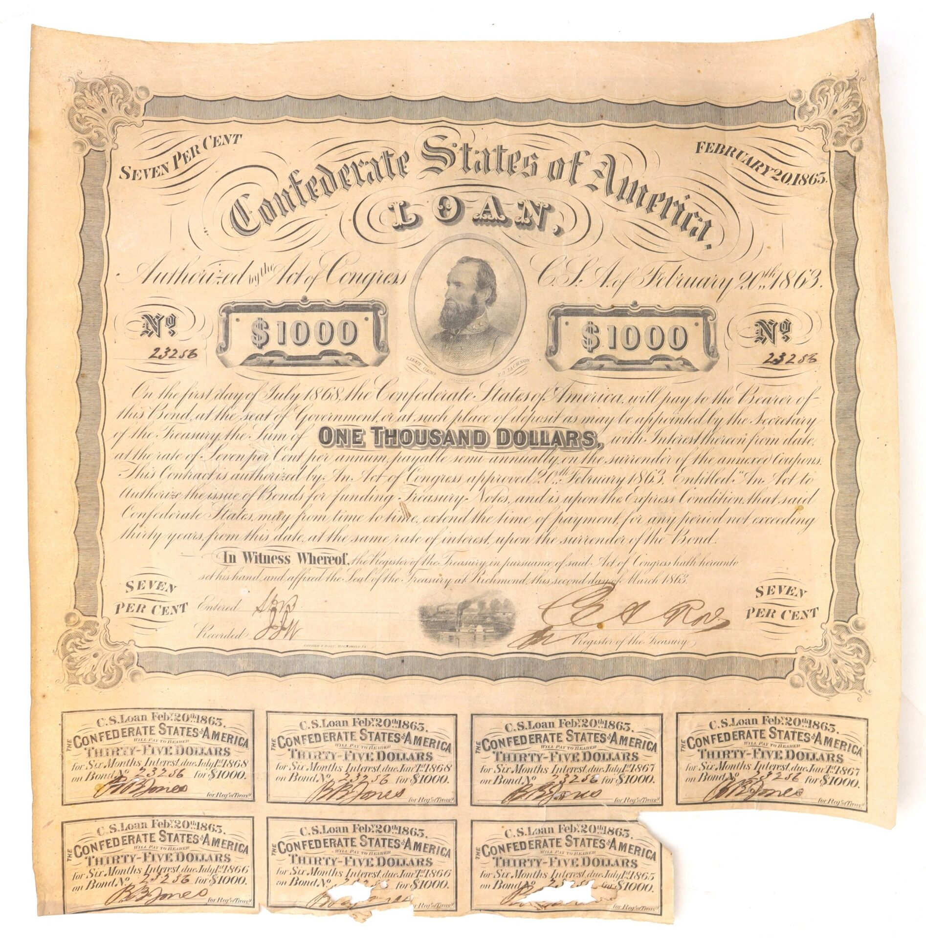 Confederate States of America $1,000 Bond – February 20, 1863 Issue ...