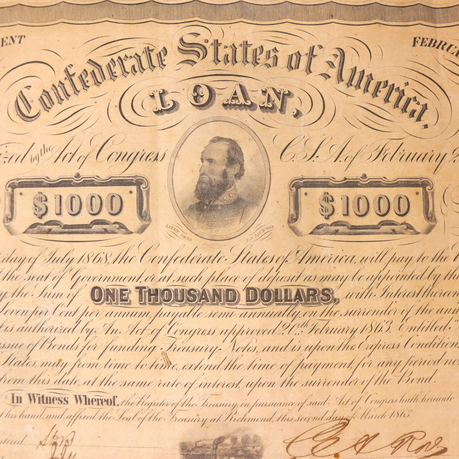 Confederate States of America $1,000 Bond – February 20, 1863 Issue ...