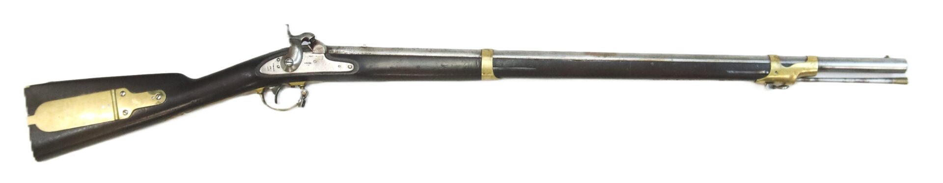 A vintage muzzle-loading rifle with a wooden stock, metal barrel, and brass fittings, displayed in a side profile on a white background.
