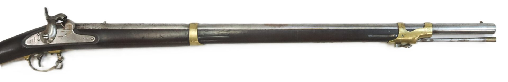A vintage muzzle-loading musket with a metal barrel, wooden stock, and brass fittings, viewed from the side against a white background.