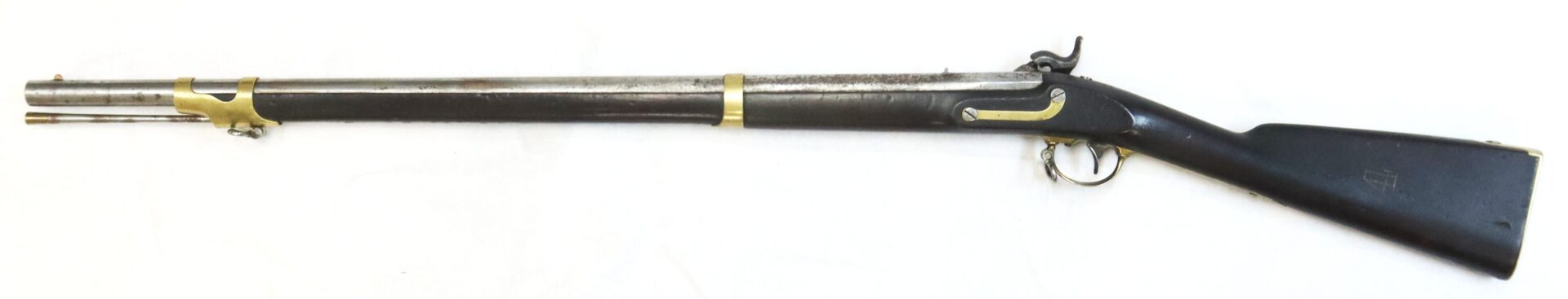 A vintage percussion cap musket with a wooden stock, brass fittings, and a metal barrel, displayed on a white background.
