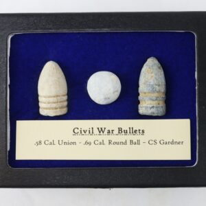 The Classic Bullet Keepsake features three Civil War bullets—.58 Cal. Union, .69 Cal. round ball, and CS Gardner—displayed on blue felt with a descriptive label beneath them in an elegant case.