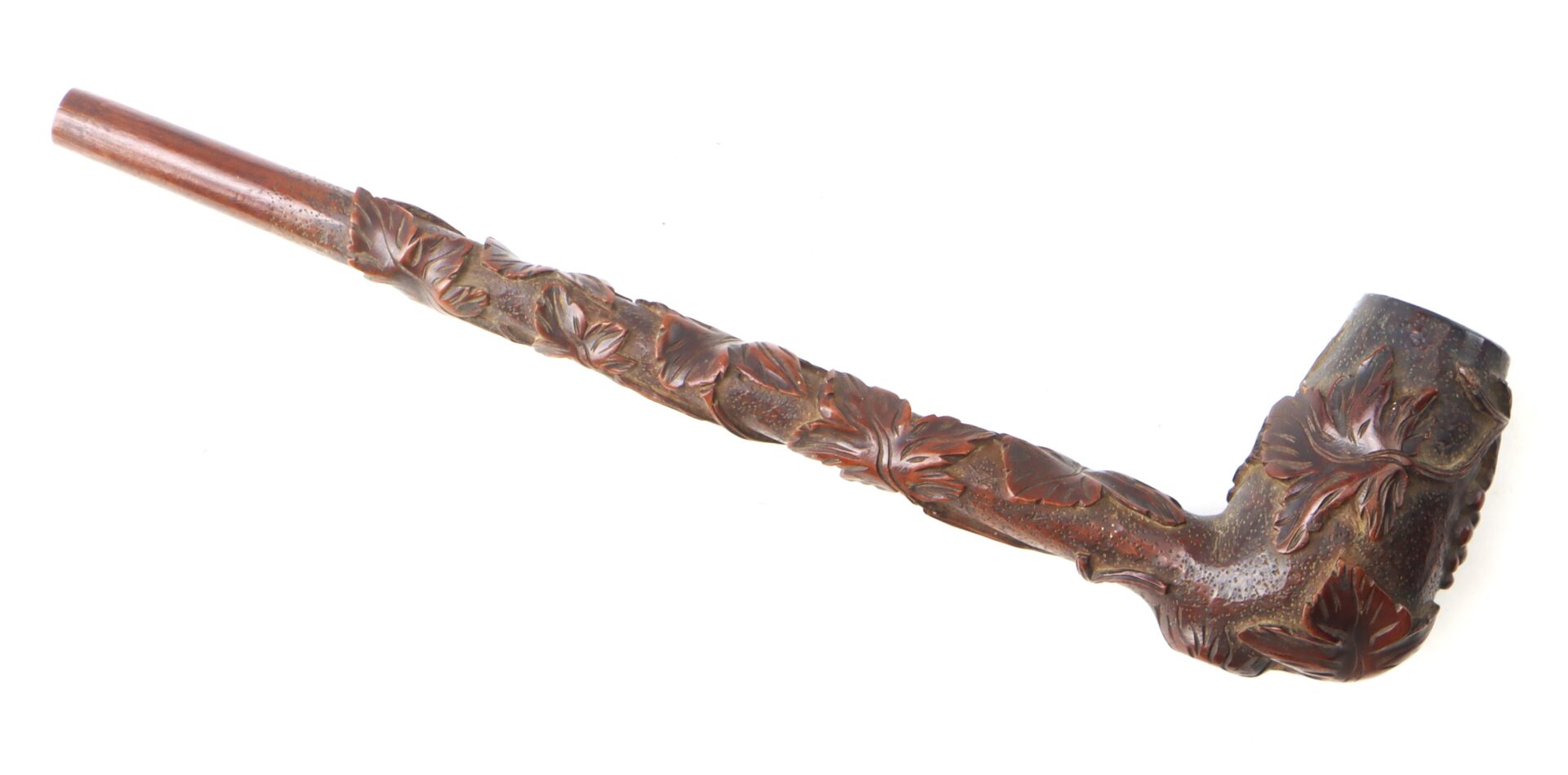 The Hand-Carved Civil War-Era Pipe features a long stem with a grape leaf motif and a rounded bowl, shown against a white background.