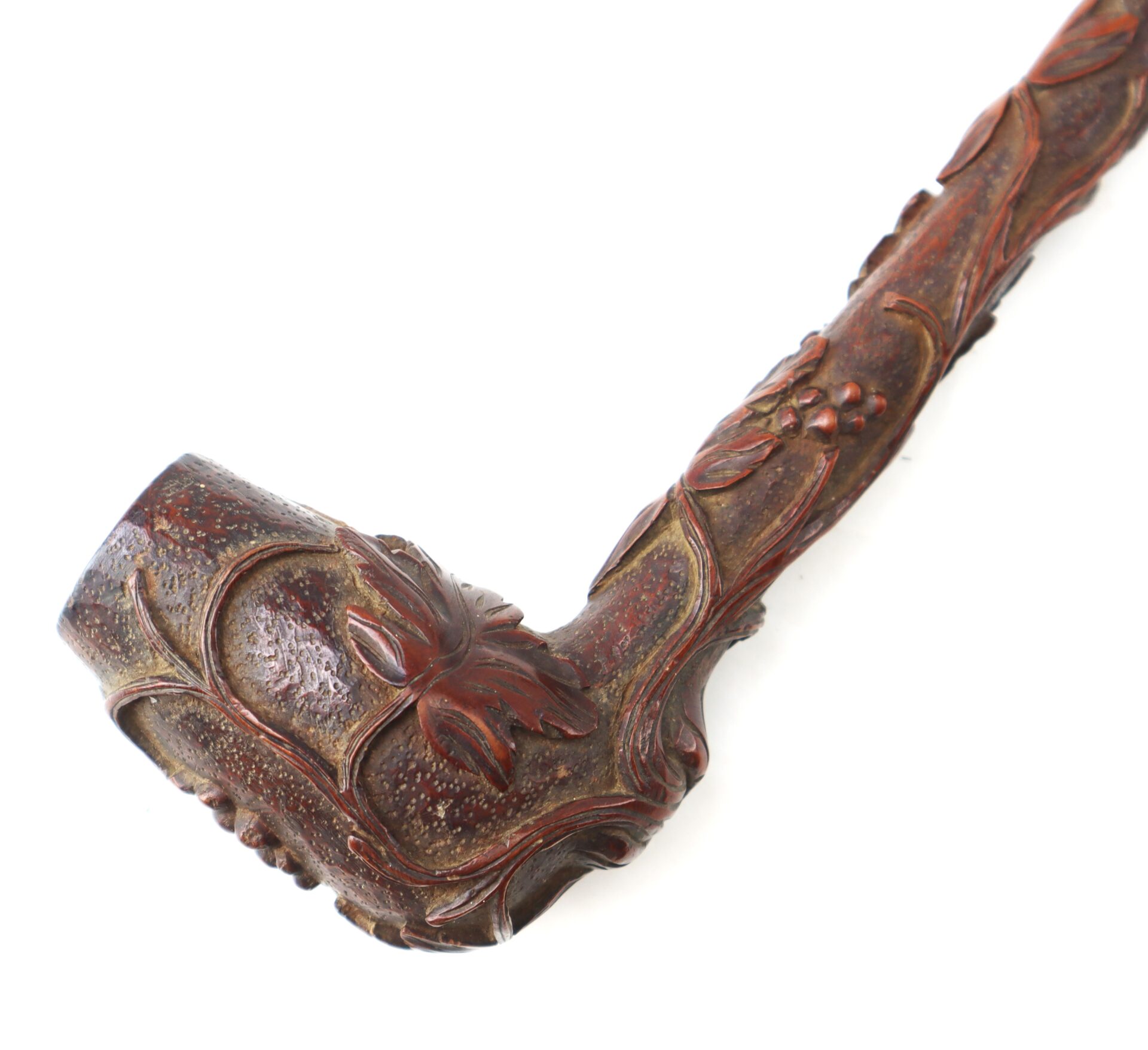 Hand-Carved Civil War-Era Pipe featuring a grape leaf motif, displayed against a white background.