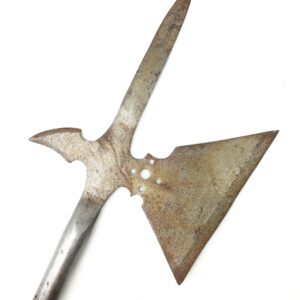 A Victorian-Era Halberd / Pike Head featuring a rusted finish with a pointed spear tip, axe blade, and curved spike shown on a plain white background.