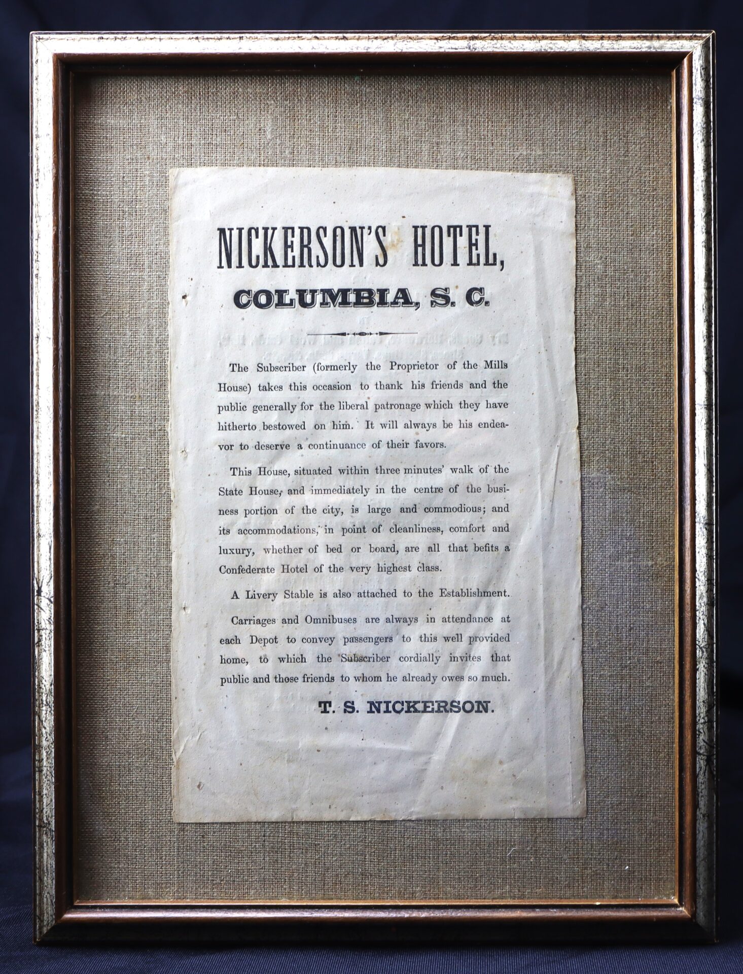 Framed printed notice for Nickerson's Hotel, Columbia, S.C., detailing services, accommodations, and a message from the proprietor, T.S. Nickerson.