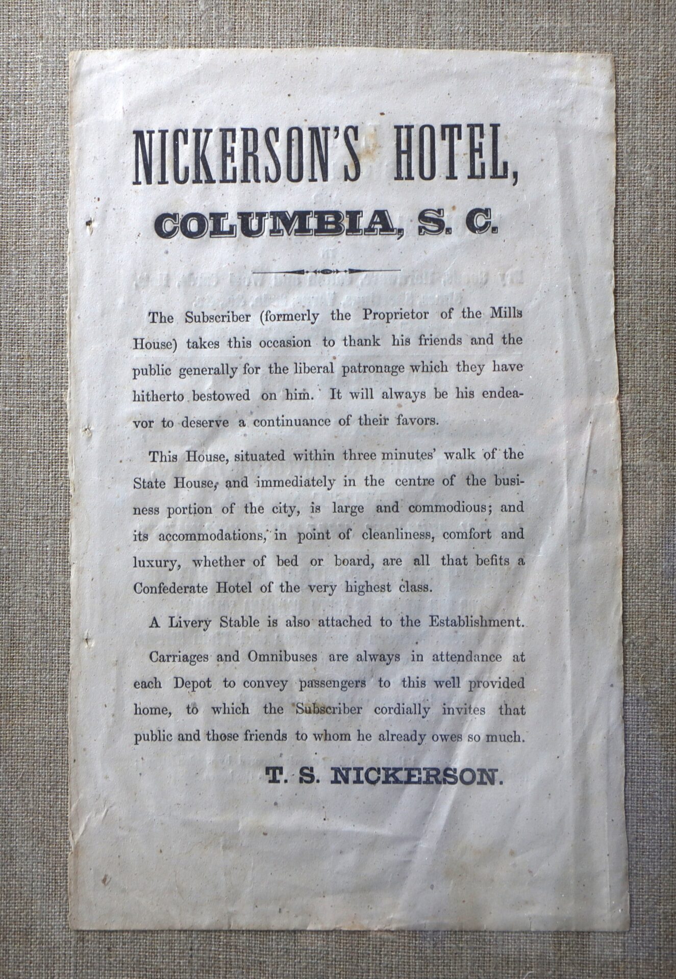 Vintage printed advertisement for Nickerson's Hotel in Columbia, SC, detailing its amenities, location, and services, signed by proprietor T.S. Nickerson.