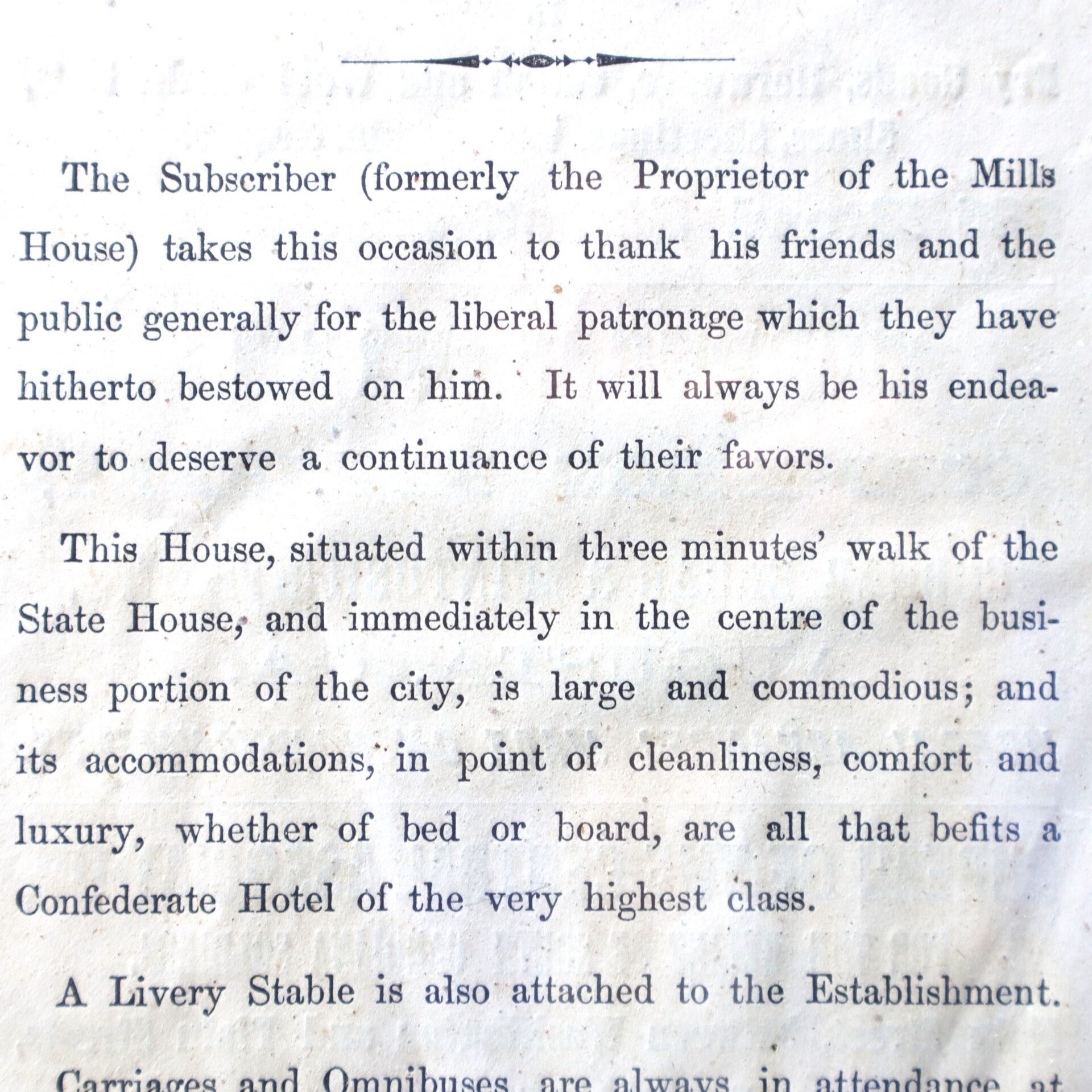 A printed notice advertises a hotel near the State House, highlighting its comfort, luxury, and central location, and thanks patrons for their previous support.