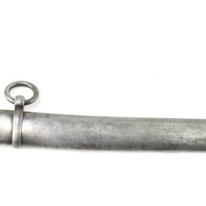 A curved sword with a metal scabbard and a brass handguard, featuring a ribbed handle and two metal rings on the scabbard.